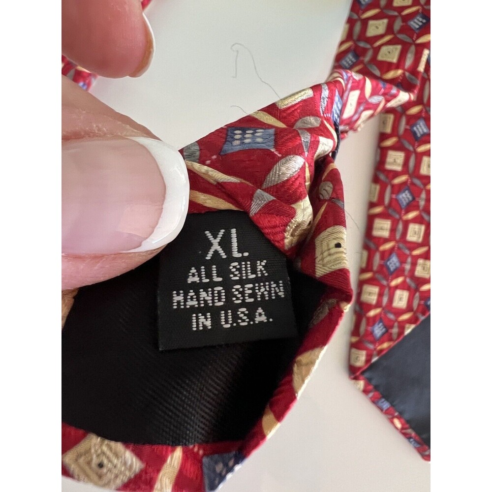 Jos A Bank Tie XL Silk Tie Geometric Red Blue Cream Gray 63 x 4 in Extra Long - Picture 5 of 11